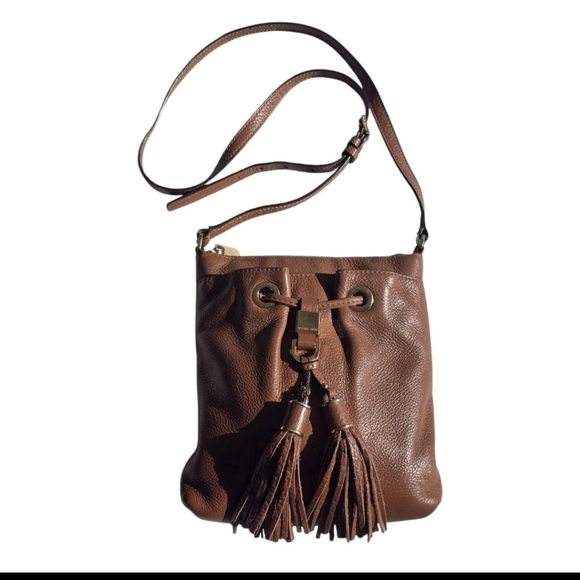 Michael Kors Leather Crossbody Bag Women's Brown Pebble Tassels Logo Small - Picture 1 of 13